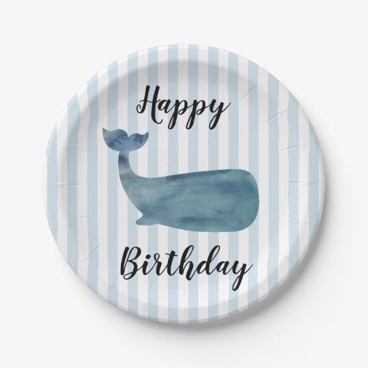 Whale Nautical Happy Birthday Stripe Paper Teller (Vorderseite)