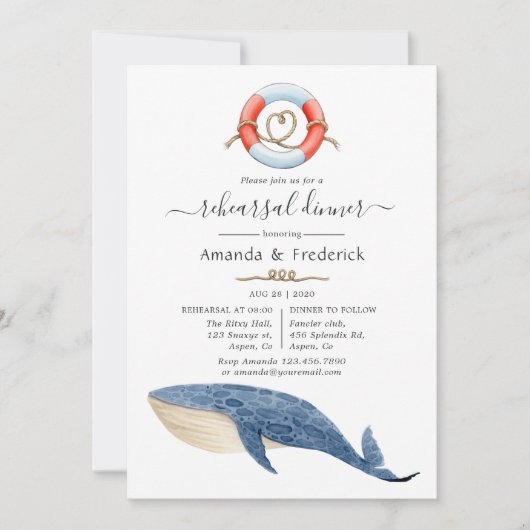 Whale Nautical Wedding Probe Dinner Einladung (Vorderseite)