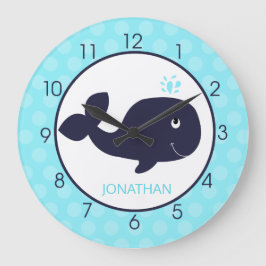 Whale Nursery Teal and Navy Blue Kids Große Wanduhr