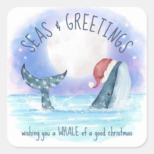 Whale Santa Seas & Greetings Nautische Weihnachten Quadratischer Aufkleber (Vorderseite)