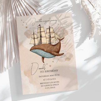 Whale Ship Pastel Gender-Neutral Geburtstag Einladung