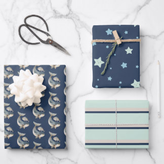 Whale - Star - Stripmuster Navy Blue Geschenkpapier Set