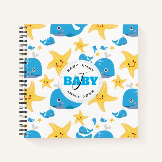 Whale & Starfish Cartoon Monogram Muster Notizblock (Vorderseite)