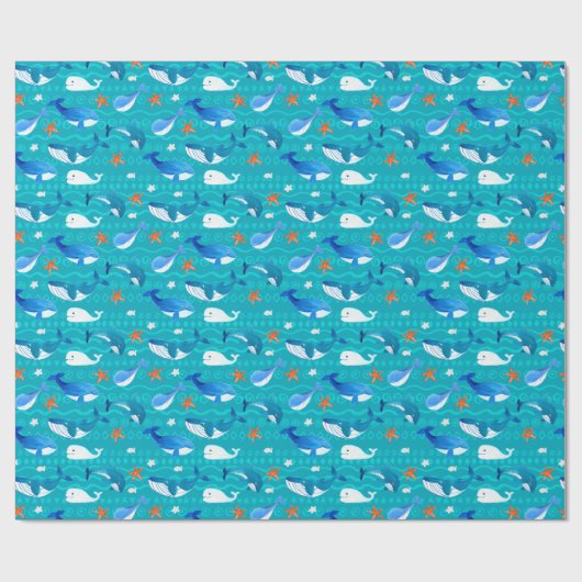 Whale Starfish Muster | Mittel Aquamarin Geschenkpapier (Flach)