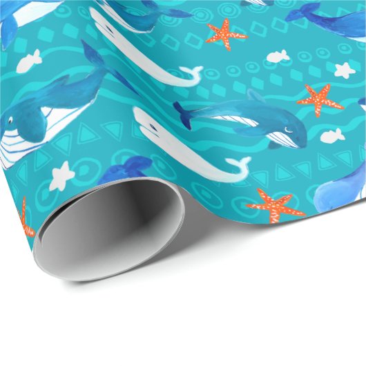Whale Starfish Muster | Mittel Aquamarin Geschenkpapier (Rolleneckpunkt)