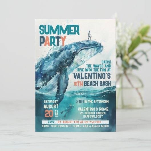 Whale Surf and Dive Summer Beach Party Einladung (Stehend Vorderseite)