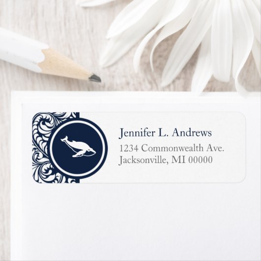 Whale Theme Navy Damask Address Labels (Insitu)