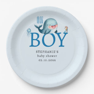 Whale under Sea Watercolor Boy Baby Shower Blue Pappteller