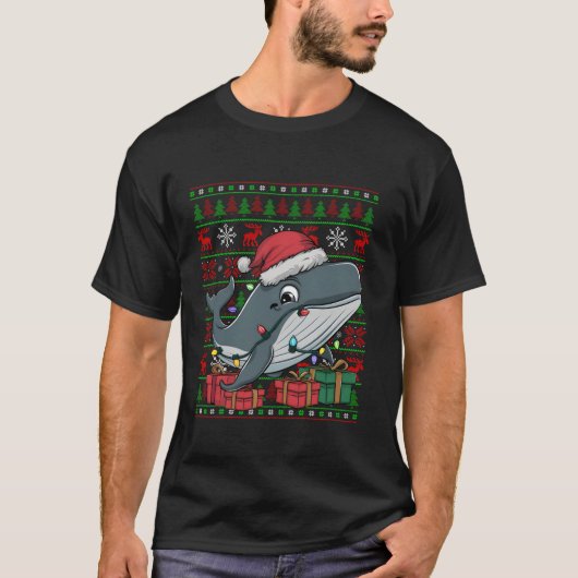 Whale Xmas Lights Ugly Weihnachtsmannmütze Humpbac T-Shirt (Vorderseite)