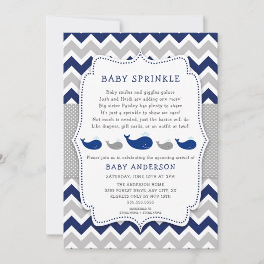 Whales Navy Gray Baby Sprinkle Einladung (Vorderseite)