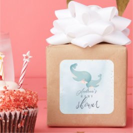 Whales Watercolor Blue Boy Baby Dusche Quadratischer Aufkleber