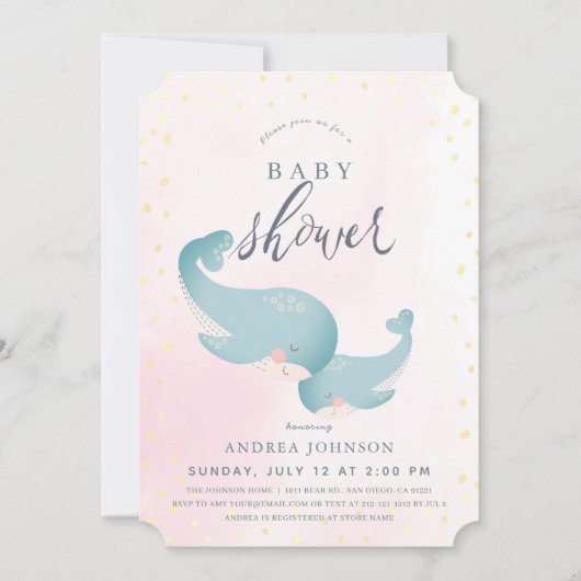 Whales Watercolor Pink Girl Baby Dusche Einladung (Vorderseite)