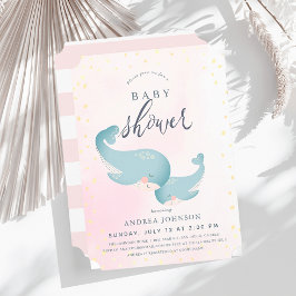 Whales Watercolor Pink Girl Baby Dusche Einladung