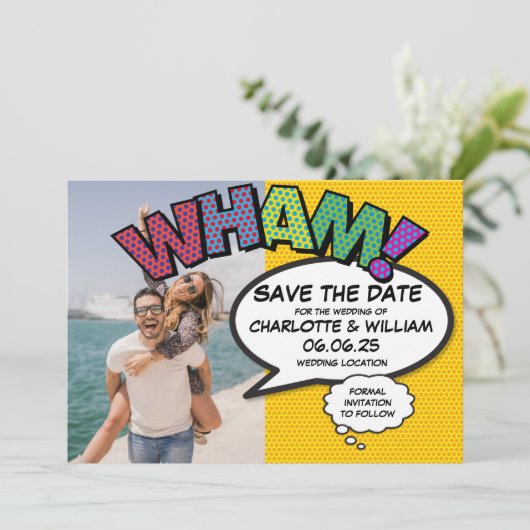 WHAM Foto Save the Date Fun Retro Comic Book (Stehend Vorderseite)