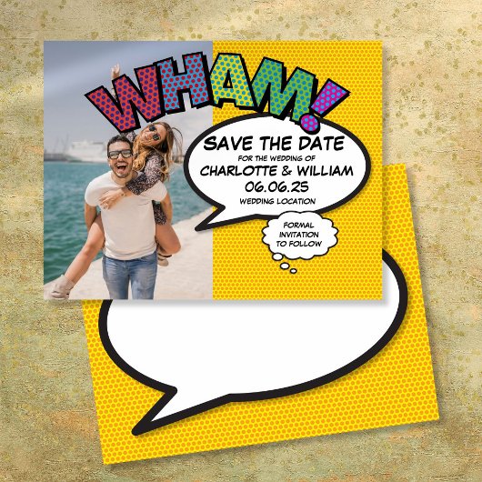 WHAM Foto Save the Date Spaß Modernes Comic Buch Ankündigungspostkarte