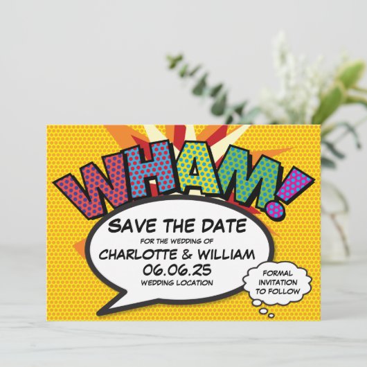 WHAM Save the Date Fun Retro Comic Pop Kunst (Stehend Vorderseite)