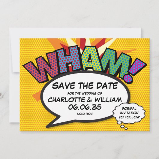 WHAM Save the Date Fun Retro Comic Pop Kunst Einladung (Vorderseite)