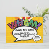 WHAM Save the Date Fun Retro Comic Pop Kunst Einladung (Stehend Vorderseite)