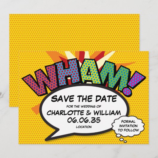 WHAM Save the Date Fun Retro Comic Pop Kunst Einladung (Vorne/Hinten)