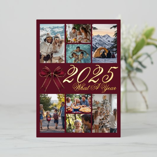 What A Year Photo Collage Wine Red Christmas Card Folieneinladung (Stehend vorne)