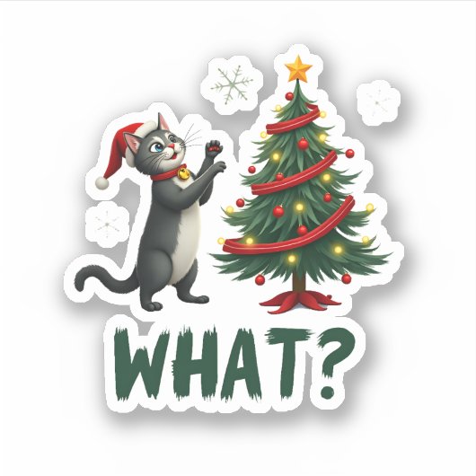 What Funny Cat Pushing Christmas Tree Over Cat Xma Aufkleber (Vorderseite)