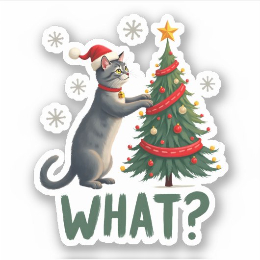What Funny Cat Pushing Christmas Tree Over Cat Xma Aufkleber (Vorderseite)