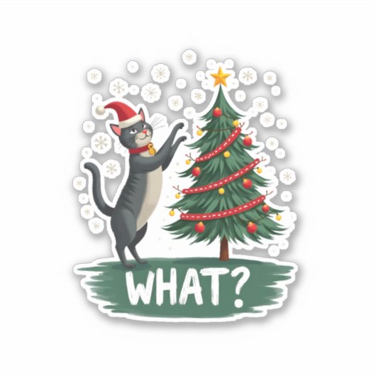 What Funny Cat Pushing Christmas Tree Over Cat Xma Aufkleber (Vorderseite)