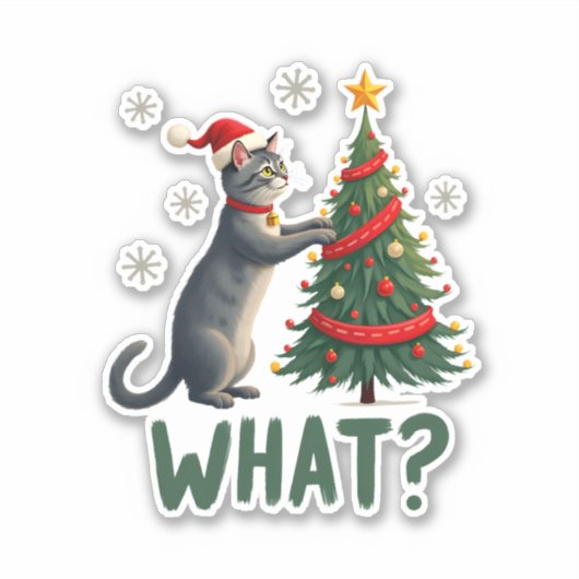 What Funny Cat Pushing Christmas Tree Over Cat Xma Aufkleber (Vorderseite)