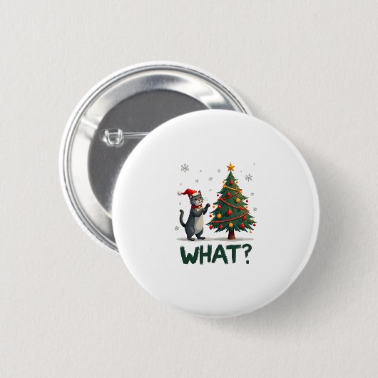 What Funny Cat Pushing Christmas Tree Over Cat Xma Button (Vorne & Hinten)