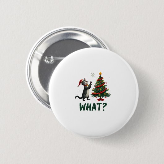 What Funny Cat Pushing Christmas Tree Over Cat Xma Button (Vorne & Hinten)
