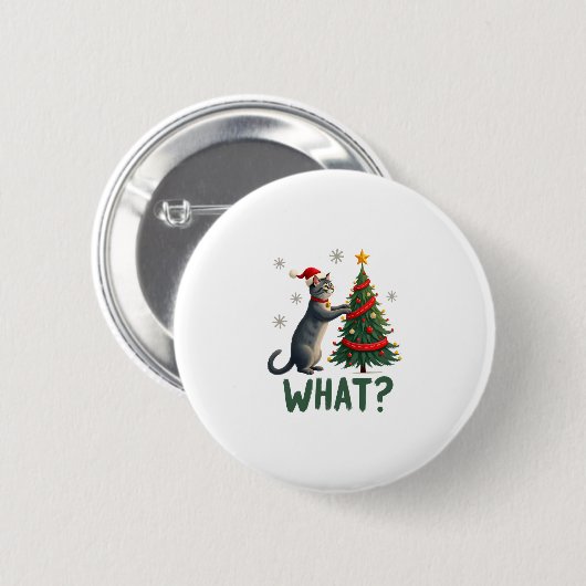 What Funny Cat Pushing Christmas Tree Over Cat Xma Button (Vorne & Hinten)