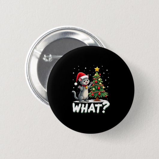 What Funny Cat Pushing Christmas Tree Over Cat Xma Button (Vorne & Hinten)