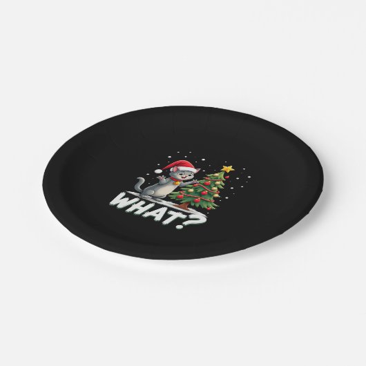 What Funny Cat Pushing Christmas Tree Over Cat Xma Pappteller (Schrägansicht)