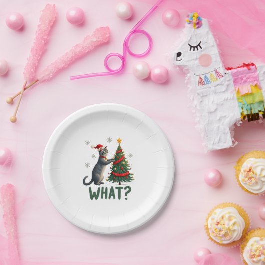 What Funny Cat Pushing Christmas Tree Over Cat Xma Pappteller (Party)