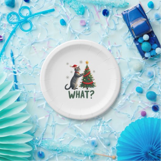 What Funny Cat Pushing Christmas Tree Over Cat Xma Pappteller (Party)