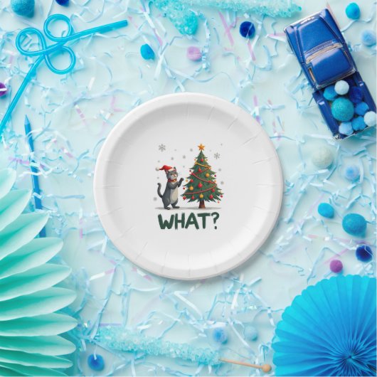 What Funny Cat Pushing Christmas Tree Over Cat Xma Pappteller (Party)