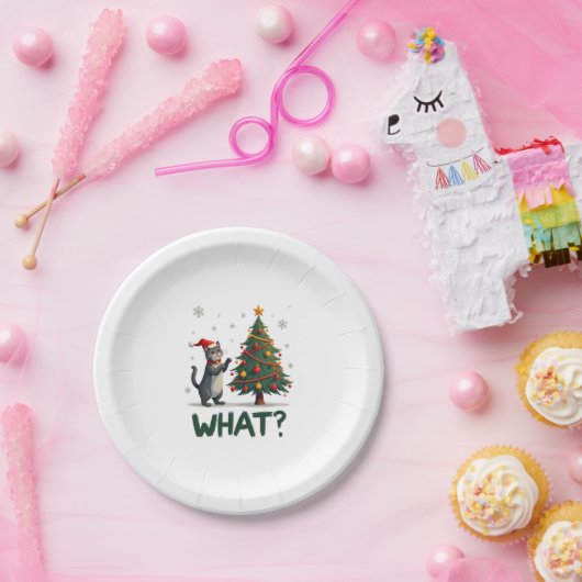 What Funny Cat Pushing Christmas Tree Over Cat Xma Pappteller (Party)