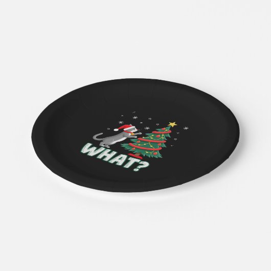 What Funny Cat Pushing Christmas Tree Over Cat Xma Pappteller (Schrägansicht)