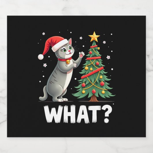What Funny Cat Pushing Christmas Tree Over Cat Xma Schaumweinetikett (Einzelnes Label)