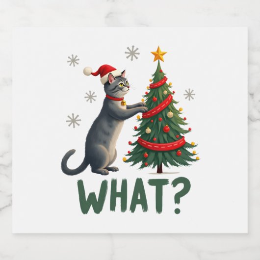 What Funny Cat Pushing Christmas Tree Over Cat Xma Schaumweinetikett (Einzelnes Label)