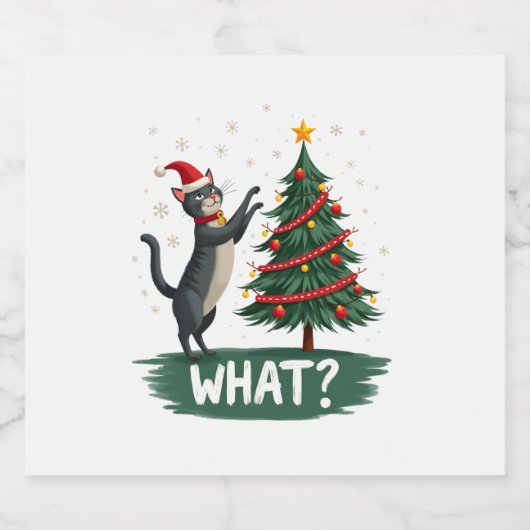 What Funny Cat Pushing Christmas Tree Over Cat Xma Schaumweinetikett (Einzelnes Label)