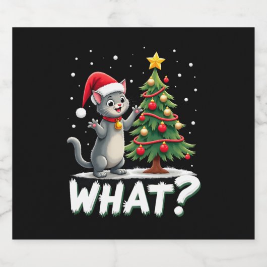 What Funny Cat Pushing Christmas Tree Over Cat Xma Schaumweinetikett (Einzelnes Label)