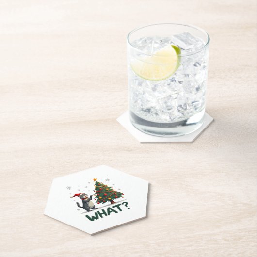 What Funny Cat Pushing Christmas Tree Over Cat Xma Untersetzer (Vor Ort)