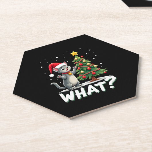 What Funny Cat Pushing Christmas Tree Over Cat Xma Untersetzer (angewinkelt)