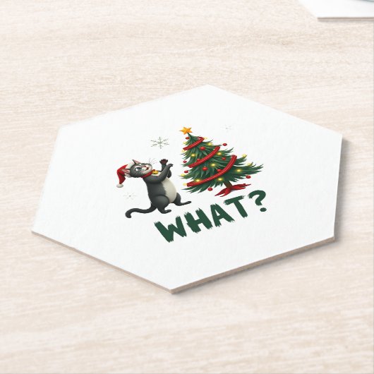 What Funny Cat Pushing Christmas Tree Over Cat Xma Untersetzer (angewinkelt)