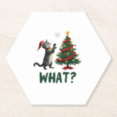 What Funny Cat Pushing Christmas Tree Over Cat Xma Untersetzer (Vorderseite)