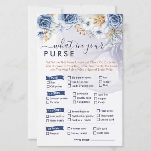 What in Your Purse Blue Floral Bridal Shower Games (Vorderseite)