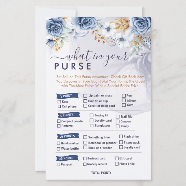 What in Your Purse Blue Floral Bridal Shower Games (Vorderseite)