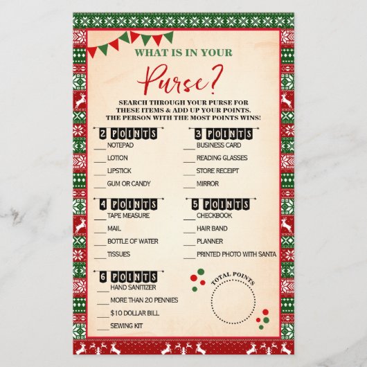 What is in Your Purse Ugly Sweater Game Card Flyer (Vorne)