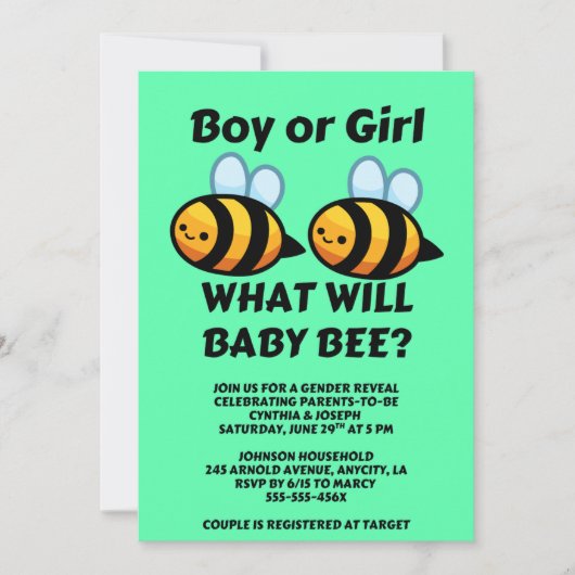 What Will Baby Bee Gender Reveal Einladung (Vorderseite)